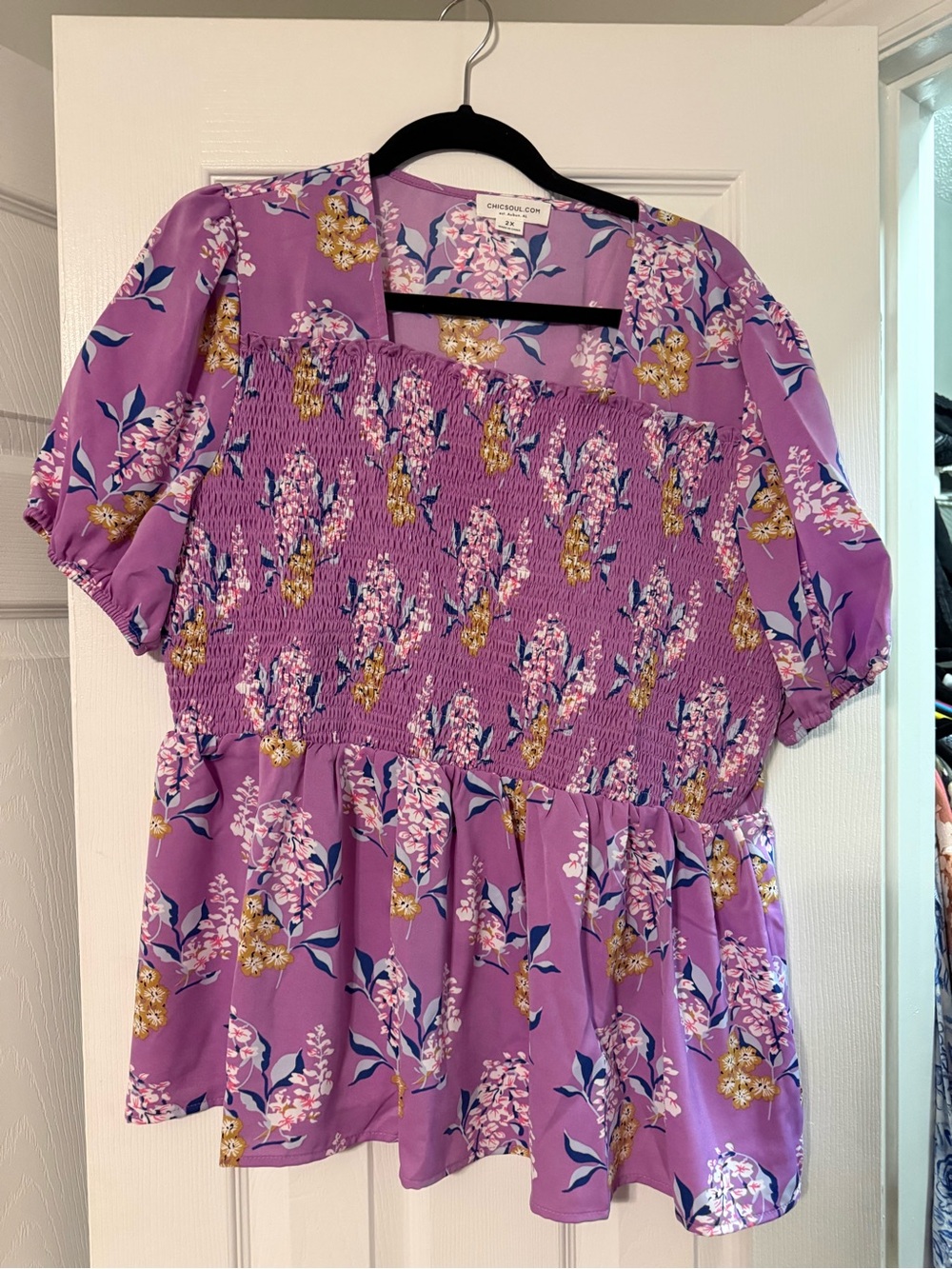 Chic Soul Purple Floral Smocked Peplum Tunic